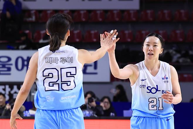 신한은행의 핵심 선수인 아시아쿼터 미마 루이와 김진영. WKBL 제공