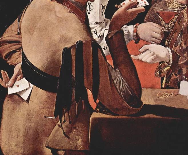 조르주 드 라 투르, 다이아몬드 에이스를 가진 사기꾼(일부 확대), 1635, 캔버스에 유채, 106x146cm, 루브르 박물관