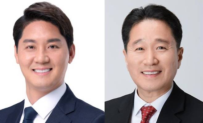 부산 강서구를 대상으로 실시한 부산CBS 여론조사 결과 강서구 3선 구의원인 더불어민주당 박상준 구청장 출마예정자(왼쪽)와 국민의힘 김형찬 강서구청장(오른쪽)의 가상대결에서 40.8% 대 34.3%로 오차범위 안 접전을 보인 것으로 나타났다. 각 정당 제공
