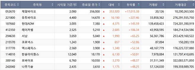 13일 주간 상승률 상위 종목.(출처=한국거래소)