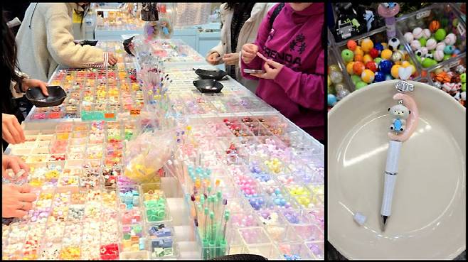 9일 오전 서울 동대문 종합시장 B동 부자재 상가에 사람들이 모여 있는 모습. 오른쪽은 기자가 직접 커스터마이징 한 볼펜. (사진=이유림 기자)