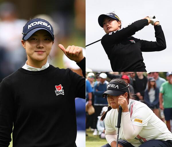 2026년 아시아·태평양 여자 아마추어(WAAP) 챔피언십 우승 경쟁에 뛰어든 대한민국 골프 국가대표 양윤서, 오수현, 박서진이 3라운드에서 경기하는 모습이다. 사진제공=R&A (사진을 무단으로 사용하지 마십시오.)