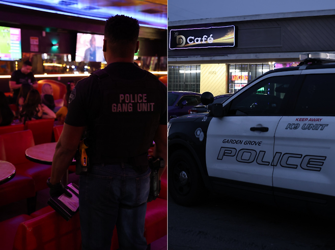 미국 캘리포니아주 가든그로브 경찰이 지난 5일(현지시간) ‘비키니 카페’로 운영된다는 신고를 받고 맥파든 애비뉴에 있는 한 업소를 단속하는 모습. 가든그로브 경찰국 페이스북 캡처
