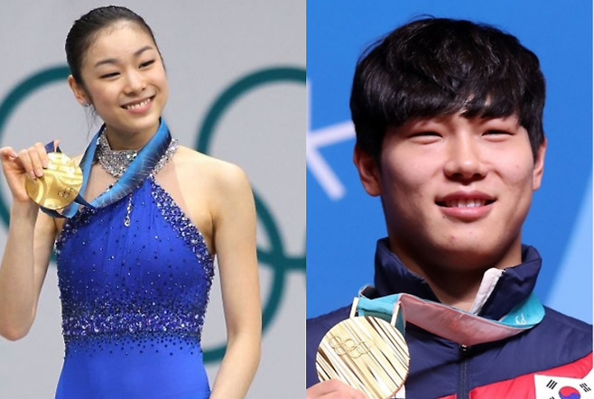 2010년 밴쿠버 동계올림픽 금메달리스트 김연아와 2018년 평창 동계올림픽에서 금메달을 차지한 윤성빈.&nbsp;