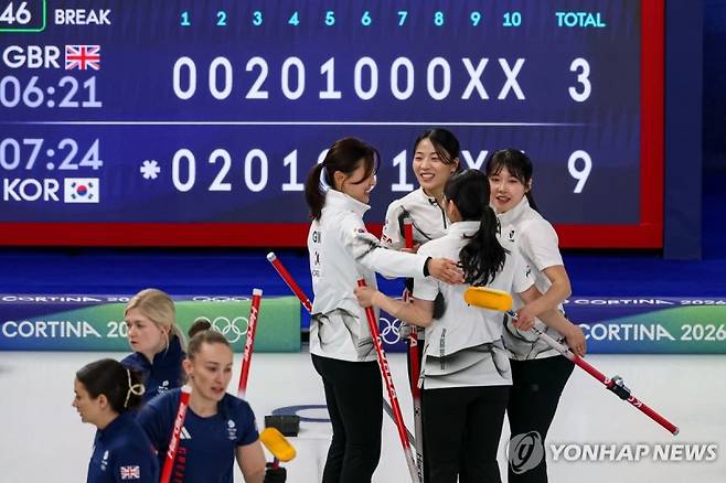 영국과의 경기에서 승리한 한국 여자 컬링 대표팀.연합뉴스