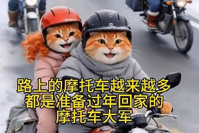 고양이를 의인화해 농민공의 춘절 연휴 귀향 과정을 그린 AI 애니메이션의 한 장면. 자막은 ‘도로에 오토바이가 점점 더 많아졌다. 모두 고향에 돌아가 춘절을 보낼 준비를 하는 오토바이 대군이다’는 내용이다.
