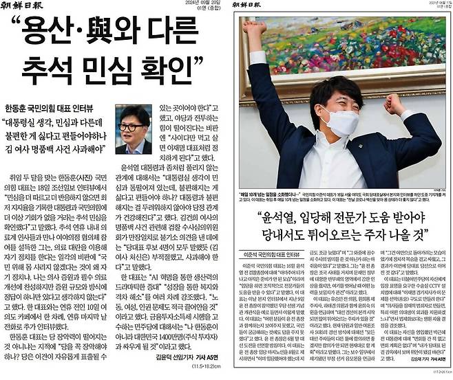▲ 2024년 9월20일 조선일보 1면(왼쪽)과2021년 6월17일 조선일보 1면. 조선일보는 국민의힘 대표 인터뷰를 1면에 배치해왔다.
