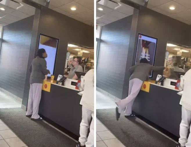 미국 미시간주 맥도날드에서 캐샤라 브라운(49)이 직원에게 커피를 던지는 순간. 부에나비스타 경찰서 제공