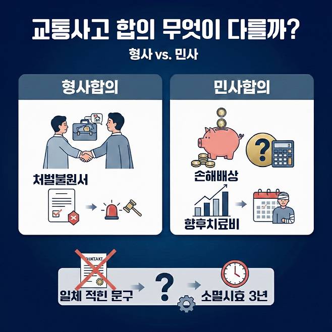 교통사고 발생 시 형사적 처벌 경감과 민사적 손해배상을 위한 합의는 별개로 진행되므로 합의서 작성 시 문구 선택에 각별한 주의가 필요하다./남도일보·AI 생성 이미지