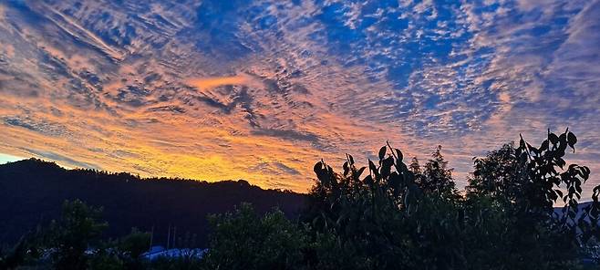맑고 청명한 날, 해질녘에 주황색 노을이 물들었다.