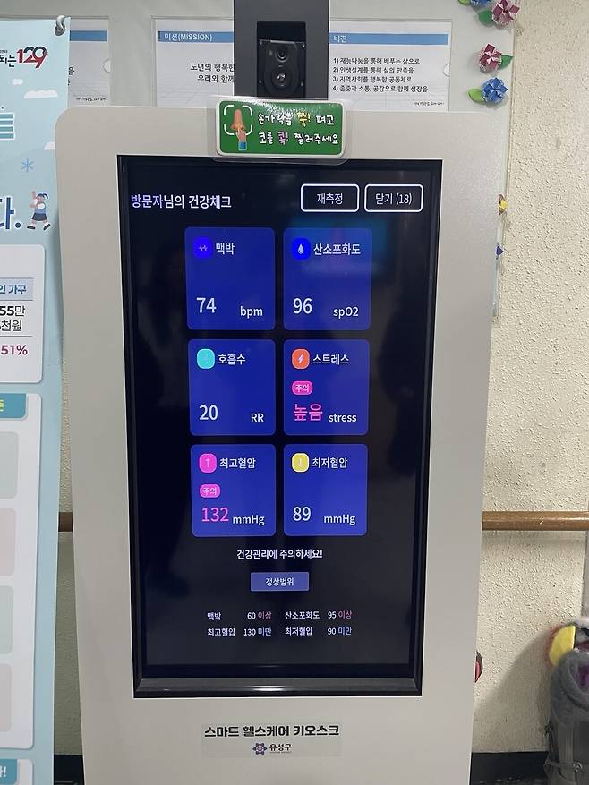 얼굴 인식 기능이 있는 건강체크 키오스크 앞에 서면 혈압과 맥박 등이 측정돼 건강 추이를 직접 확인할 수 있다.