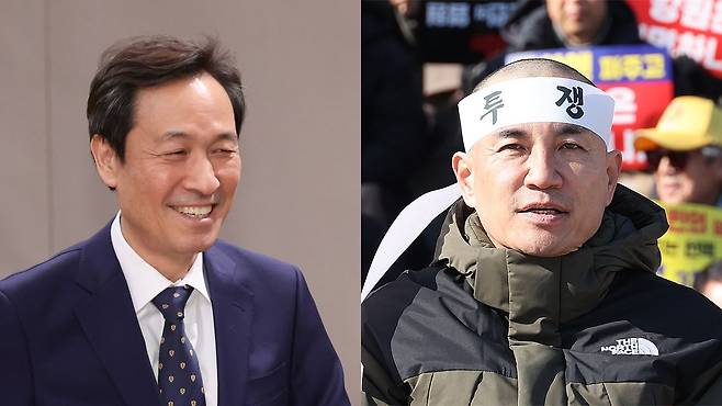 강원지사 선거는 우상호 전 청와대 정무수석(左)과 김진태 강원지사(右)의 여당 프리미엄 대 현역 프리미엄 대결이 될 전망이다. 연합뉴스·뉴스1