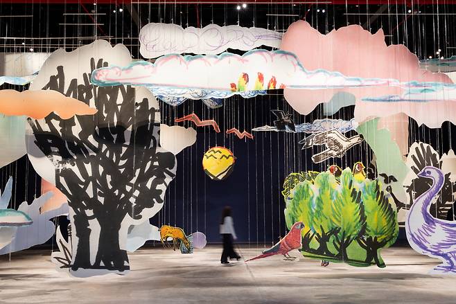 An installation view of "Very volcanic over this green feather" by Petrit Halilaj at the Diriyah Contemporary Art Biennale 2026 in Diriyah, Saudi Arabia. (Photo by Alessandro Brasile, courtesy of the Diriyah Biennale Foundation)