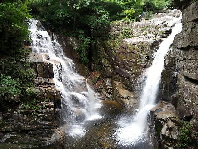 해빙기 동해시 쌍폭은 봄물이 불어나면서 장쾌한 면모를 보인다.