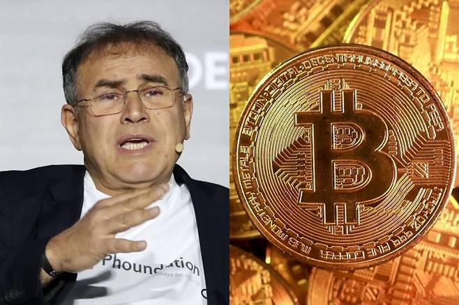 누리엘 루비니 뉴욕대 교수와 비트코인 이미지. [뉴시스·로이터 연합뉴스]