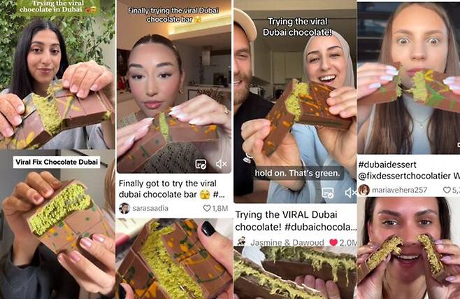 숏폼 플랫폼 틱톡에서 두바이 초콜릿을 먹는 영상이 유행하면서 ‘두바이 스타일’ 열풍이 확산했다. 틱톡·아랍뉴스 캡처