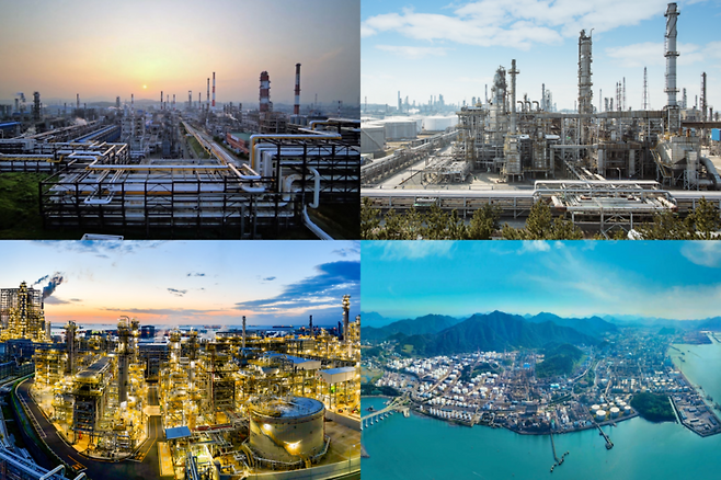 ▲(윗줄 왼쪽부터 시계방향으로) SK이노베이션 울산콤플렉스(CLX), HD현대오일뱅크 충남 대산공장, GS칼텍스 전남 여수공장, 에쓰오일 울산공장의 전경. 사진=SK이노베이션, HD현대오일뱅크, GS칼텍스, 에쓰오일