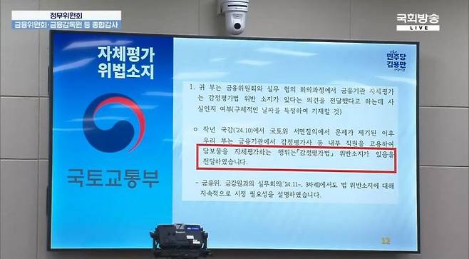 국회 정무위원회 소속 김용만 더불어민주당 의원이 지난해 10월27일 국회 국정감사에서 공개한 국토교통부 답변 자료. 국토부는 해당 자료를 통해 금융위원회·금융감독원과의 실무 회의에서 금융기관 자체 평가의 법 위반 소지와 시정 필요성을 지속적으로 설명해 왔다고 밝혔다. 국회방송 화면 캡처