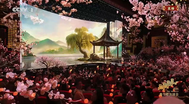 바이트댄스의 영상 AI ‘시댄스 2.0’이 활용된 ‘꽃의 여신을 찬양하라(贺花神)’ 무대. CCTV 캡처