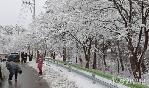 메마른 동해안 지역에 10cm 안팎의 많은 눈이 내린 지난 16일 강릉시 성산면 옛영동고속도로 주변에 설경이 펼쳐져 귀성객들이 추억을 남기고 있다. 대설특보가 발효된 동해안과 산지에 시간당 1~3㎝, 최대 10㎝의 눈이 내려 대부분 지역에 내려진 건조특보가 53일만에 해제됐다 강릉=권태명기자