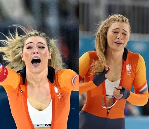 레이르담이 밀라노올림픽 스피드스케이팅 여자 1000m 우승 직후 경기복 상의 지퍼를 내리며 안에 입은 스포츠 브라가 노출됐다.(사진=AFP 연합뉴스)