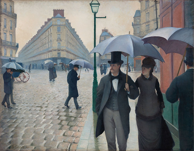귀스타브 카유보트(Gustave Caillebotte), ‘파리의 거리, 비 오는 날’ (Rue de Paris, temps de pluie). 1877년. 캔버스에 유채. 세로 212.2 x 가로 276.2 cm . 미국 시카고 미술관 소장.