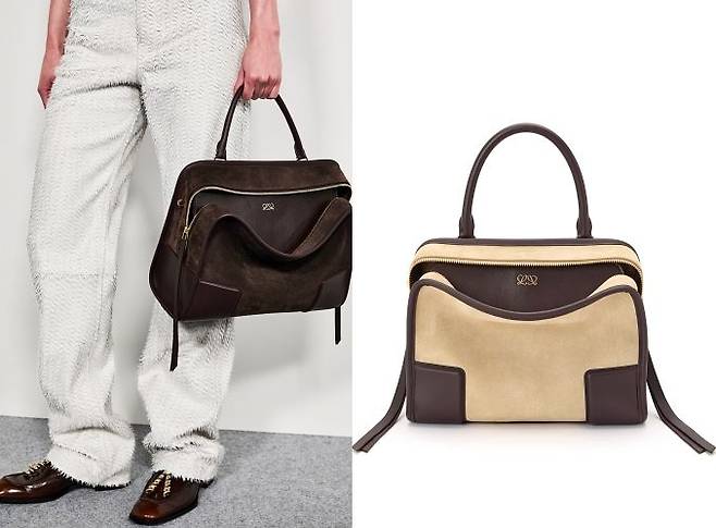 로에베 아마조나 180 백을 든 모델과 다크 브라운 컬러 패치로 장식한 누벅 소재 백. 사진 로에베