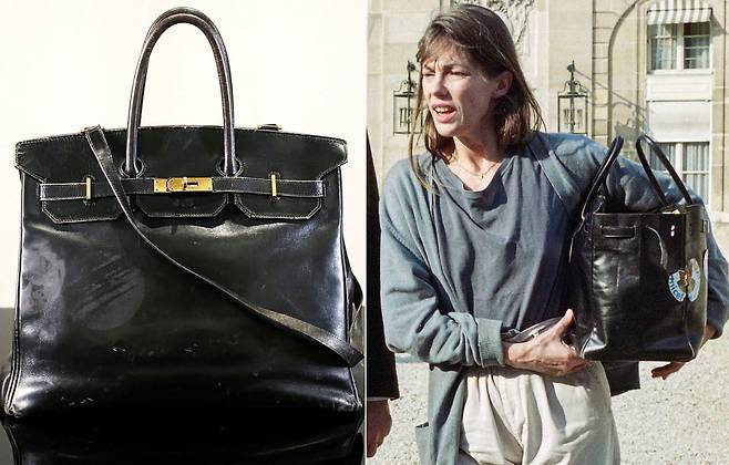 지난해 7월 소더비 경매에서 약 858만2500유로(약 147억원)에 낙찰된 제인 버킨의 검은색 버킨백과 이를 실제로 들고 있는 버킨의 모습. AFP=연합뉴스