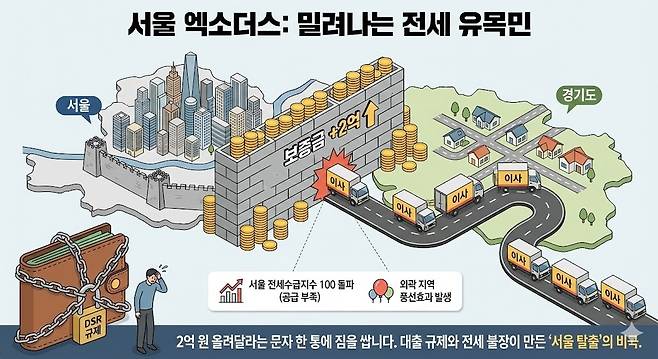 서울 엑소더스: 밀려나는 전세 유목민. 제미나이 생성 그래픽