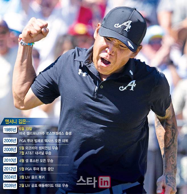앤서니 김이 지난 15일 호주 애들레이드 더 그랜지GC에서 열린 LIV 골프 애들레이드 최종 4라운드 17번홀에서 버디 퍼트를 넣고 포효하고 있다.(사진=AP/뉴시스, 그래픽=이데일리 이미나 기자)