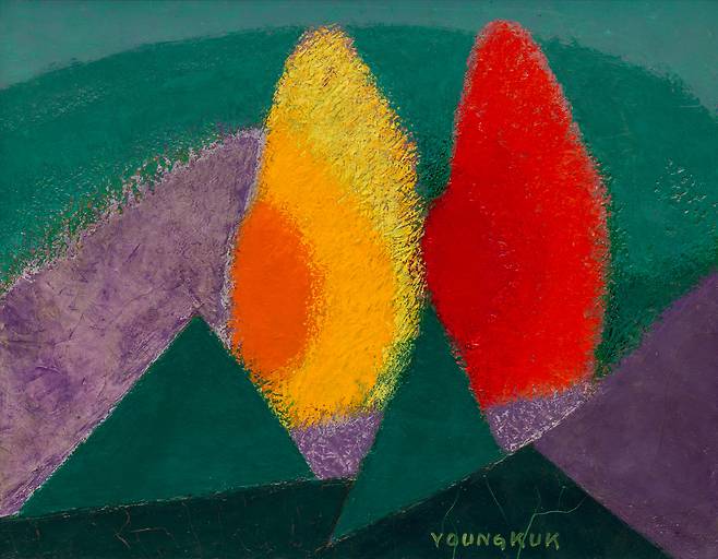 유영국이 1977년 아내와 영주 부석사에 가서 사과나무를 보고 그린 'Work'. 노랗고 빨간 나무 두 그루가 가만히 어깨를 맞댄 듯 나란히 서 있다.