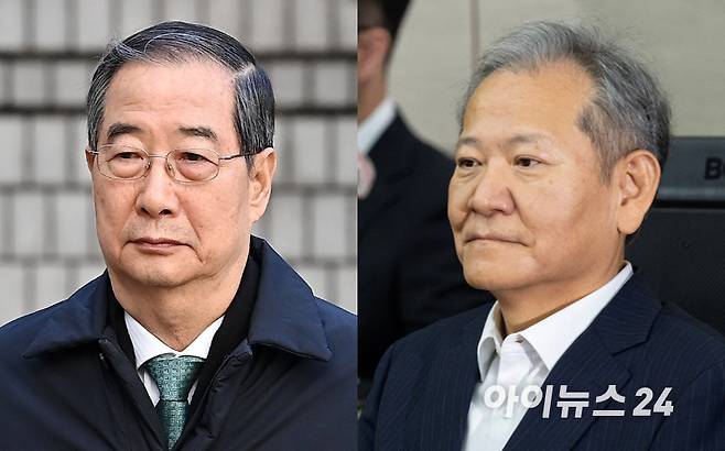 내란우두머리종사죄로 기소돼 실형을 선고받은 한덕수 전 국무총리(왼쪽)와 이상민 전 행정안전부장관. 1심 법원은 한 전 총리에게 징역 23년을, 이 전 장관에게는 징역 7년을 각각 선고했다. [사진=곽영래 기자]