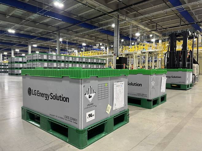 LG에너지솔루션 캐나다 법인 넥스트스타에너지가 생산한 ESS용 LFP 배터리가 출하를 앞두고 있다. /LG에너지솔루션 제공