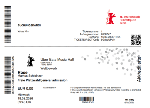 2026년 베를린영화제 경쟁 부문 진출작 ‘로즈’ 티켓. [김유태 기자]