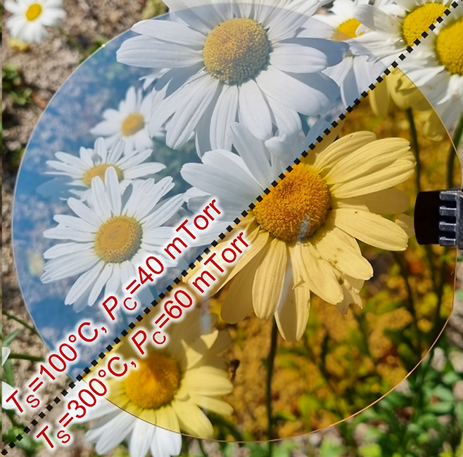 기판 온도와 챔버 압력 조건에 따라 동일한 배경(꽃 이미지)이 보이는 정도가 달라지며, 공정 조건 최적화 시 가시광 투명도가 향상됨을 확인할 수 있다.[POSTECH 제공]