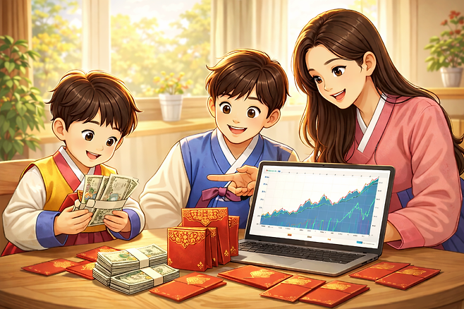 세뱃돈으로 주식 투자를 계획하는 가족. 챗GPT 생성 이미지