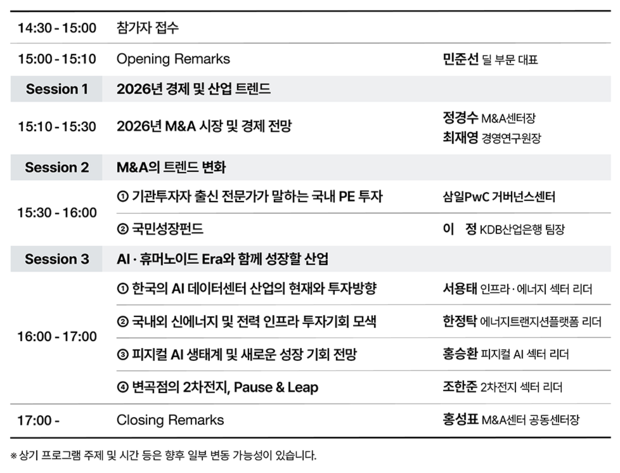 ‘2026년 M&A 시장 전망과 대응전략’ 세미나 프로그램. 사진 제공=삼일PwC