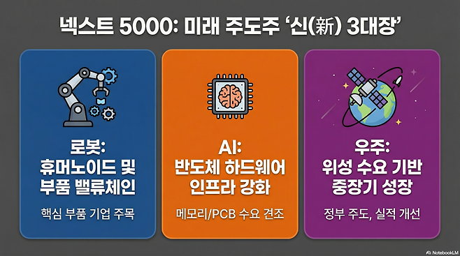 코스피가 5500선에 안착한 가운데 국내 증시에서 차세대 성장 동력을 확보하기 위한 '주도주 찾기' 경쟁이 치열해지는 가운데 로봇, AI, 우주 관련 테마주가 주목받고 있다.(구글 노트북 LM)