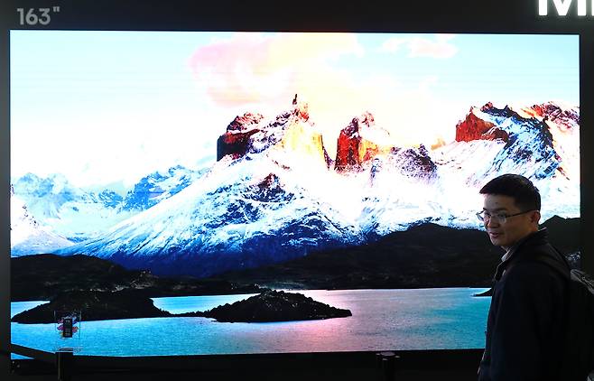 CES 기간 미국 네바다주 라스베이거스 컨벤션센터(LVCC) 중국 기업 하이센스 부스에 163인치 마이크로 LED TV가 전시돼 있다./연합뉴스