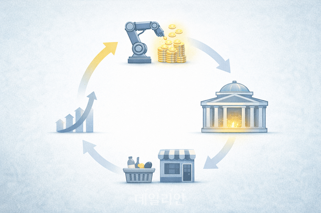 로봇이 창출한 수익이 공공 재정으로 유입되고, 가계 소비를 거쳐 다시 경제 성장으로 이어지는 기본소득 선순환 구조를 도식화한 인포그래픽. ⓒ챗지피티