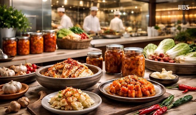 프리미엄 김치와 식재료가 놓인 조리 공간 모습. 호텔 미식 경험이 식품 산업으로 확장되는 흐름을 보여준다.