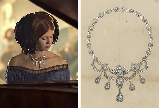 영화 '프랑켄슈타인'에서 미아 고스가 착용한 웨이드 네크리스/ 1900년에 제작된 이 목걸이는 미국 웨이드 가문의 상속녀 엘렌 개릿슨 웨이드를 위해 맞춤 제작된 작품이다. 사진=티파니 홈페이지