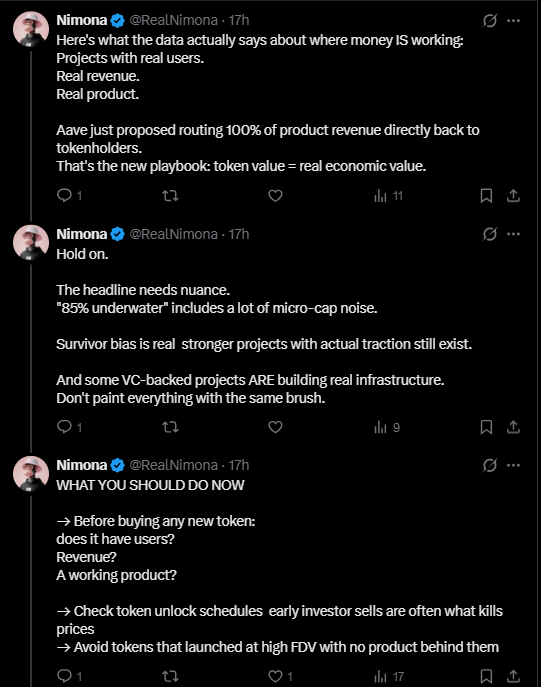 유명 가상자산  분석가 니모나(Nimona)가 X(트위터)를 통해 투자자들에게 전한 경고 메시지. 그는 “단순한 기대감이 아닌 실제 사용자와 수익, 그리고 작동하는 제품을 갖춘 프로젝트만이 시장에서 살아남을 것”이라며 토큰 투자의 새로운 기준을 제시했다. [출처=엑스]