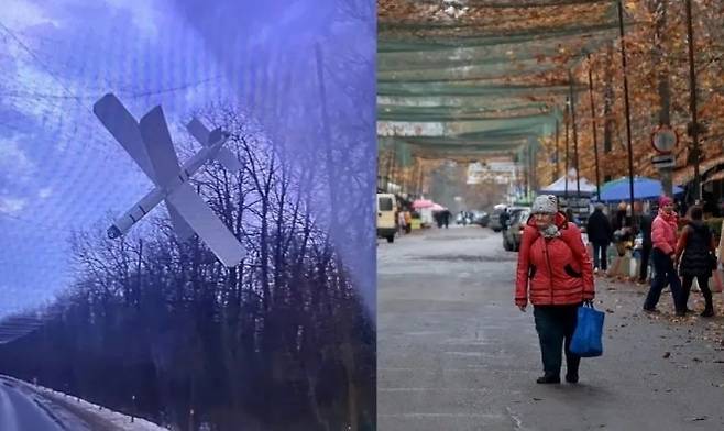 그물이 잡힌 러시아 드론과 우크라이나 헤르손 마을 모습. 자료사진