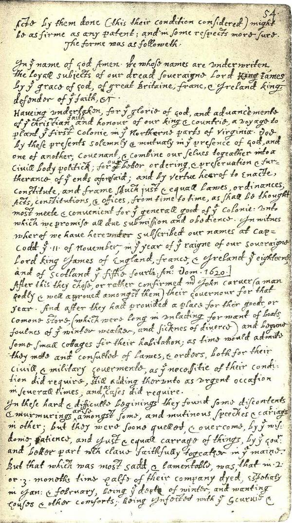 정당하고, 평등한 법에 대한 자율적 복종과 순종을 민주사회의 근본으로 제시한 메이플라워 서약. 트럼프 통치는 이 정신을 위협하고 있다. (Public Domain)