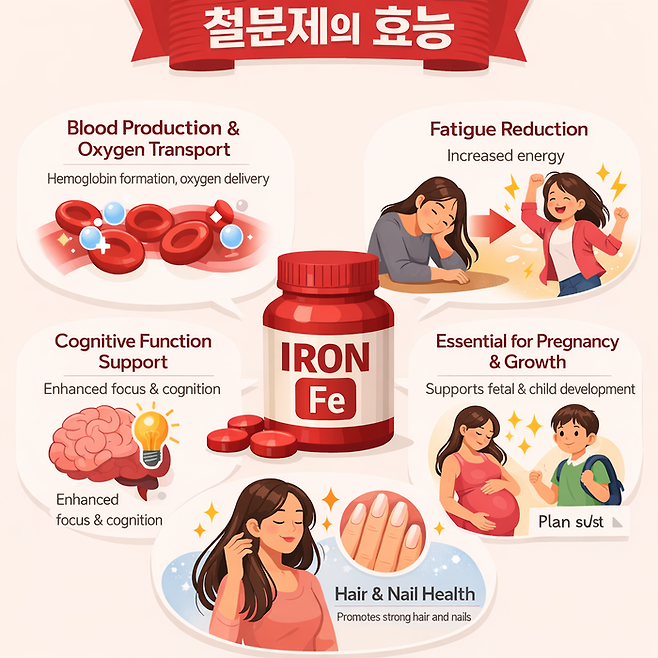 철분제 효능을 키워드로 생성 AI가 만든 이미지. AI는 혈액 생성 및 산소 운반, 피로 개선, 인지력 강화, 모발과 손톱 건강에 도움을 준다고 설명했다. 임산부와 성장기 청소년에게 필수 영양소라는 항목도 있다. [챗GPT]