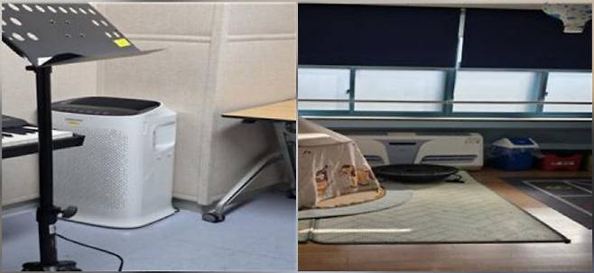 조치원 대동초의 바닥형 공기정화장치(우), 세종예술고 연습실 공기청정기 설치 모습(좌). 사진=시교육청 제공.