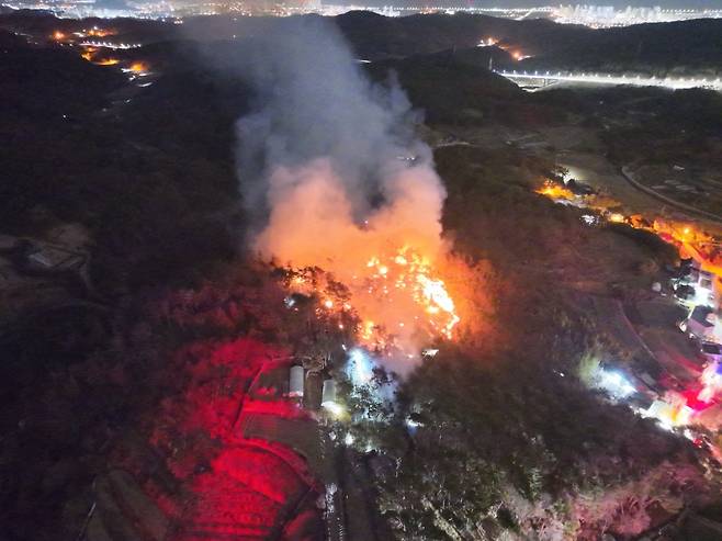 22일 오전 3시 44분께 울산 중구 성안동 야산서 발생한 불이 났다. 울산소방본부 제공