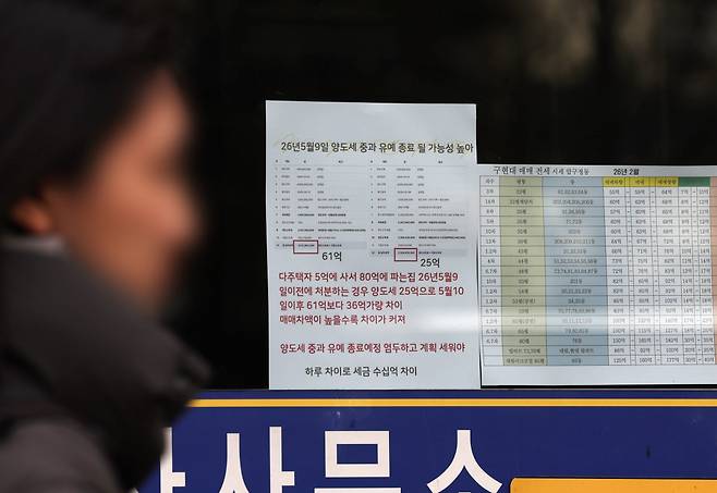 “하루 차이로 세금 수십억 차이”…5월9일까지 75일 남았다 22일 서울 강남구 한 부동산 중개업소에 다주택자 양도세 중과 유예 종료에 따른 매매차익별 양도세 변화를 계산한 내용의 게시물이 붙어 있다. 금융당국이 수도권·규제지역 내 아파트를 보유한 다주택자의 대출만기 연장을 원칙적으로 불허할 것으로 알려지면서 대출을 많이 낀 다주택 매물의 매도 압력이 커질 것으로 보인다. 연합뉴스