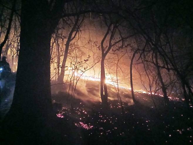 지난 21일 경남 함양군 마천면 창원리 야산에 불이나 연기가 피어오르고 있다. 사흘 째 불이 꺼지지 않으면서 정부는 '산불 확산 대응 2단계'(산림청)와 '국가소방동원령'(소방청)을 내렸다. [뉴스1]